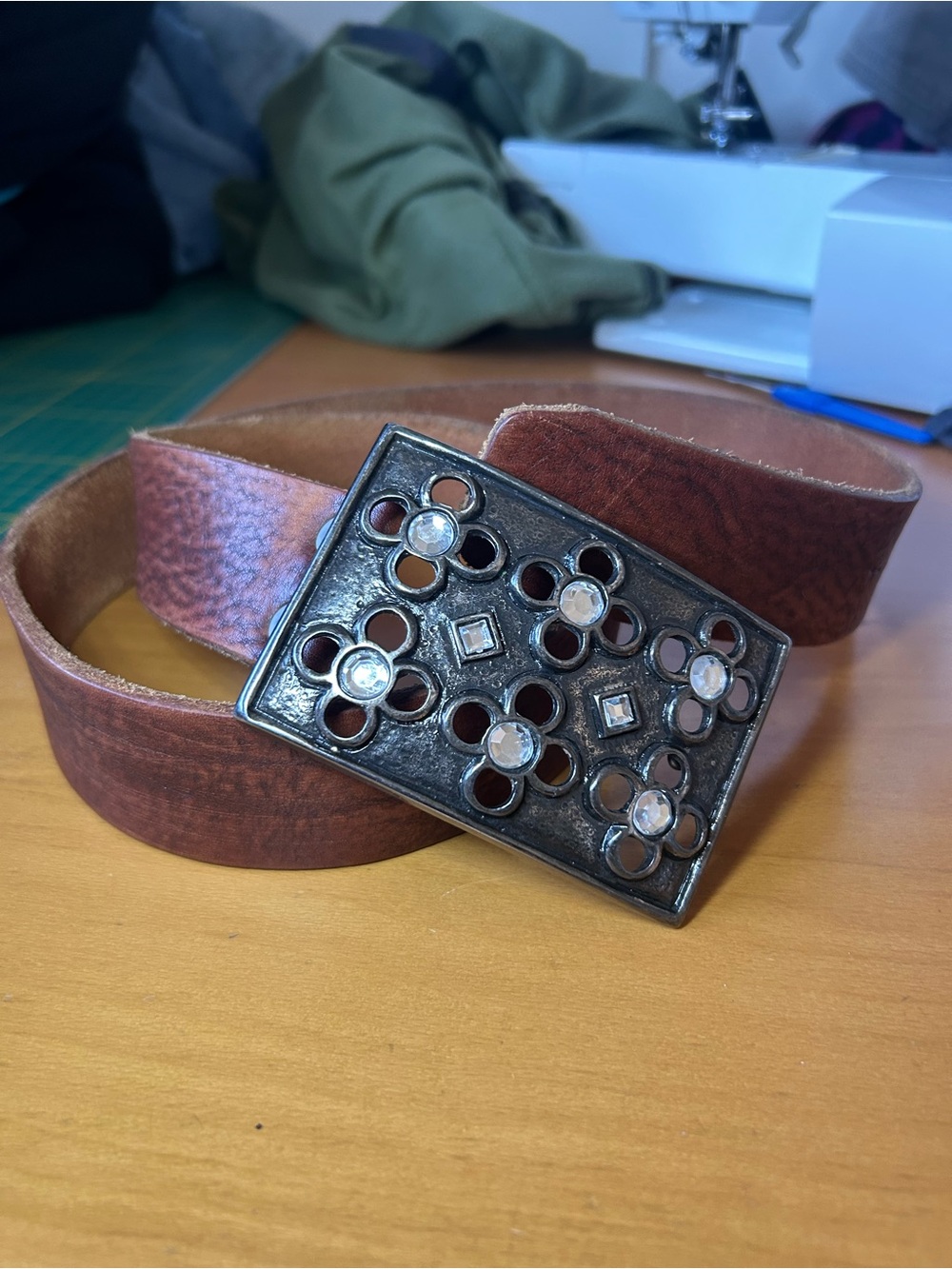 Vintage artisanal Italian diamond flower Brave leather belt
